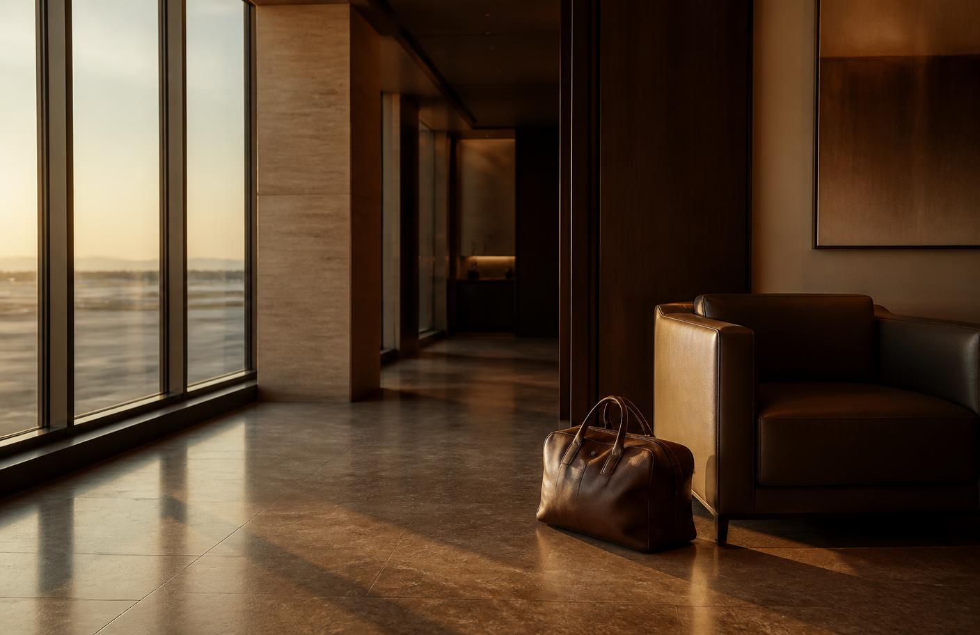 Empty private terminal lounge at golden hour with a single leather travel bag beside a chair